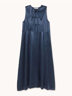 Tiny Big sister Navy Satin Maxi Dress with Tie-Front Collar